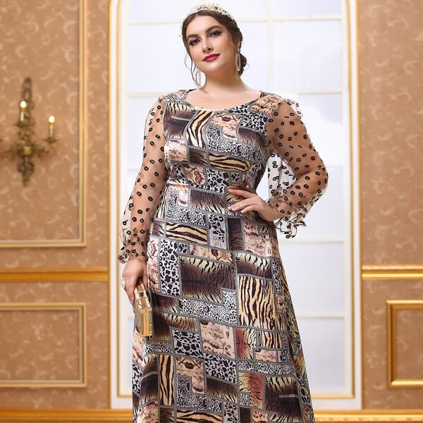 

Plus Contrast Lip Mesh Sleeve Patchwork Dress, Multicolor