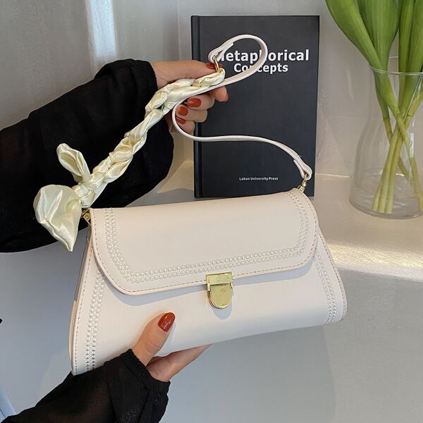 

Scarf Decor Flap Baguette Bag, Beige