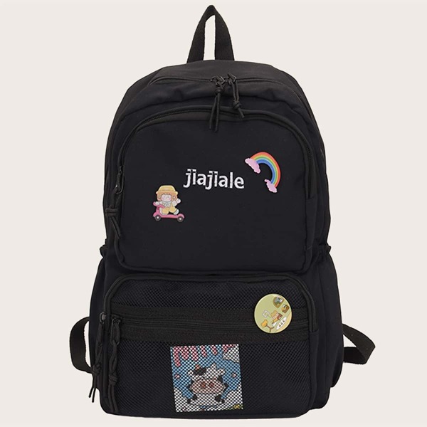 

Cartoon Graphic Badge Decor Backpack, Black
