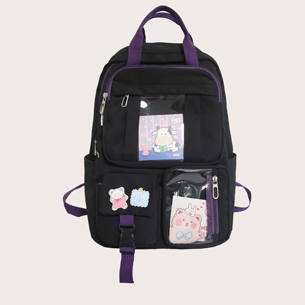 

Cartoon Graphic Buckle Decor Backpack, Black