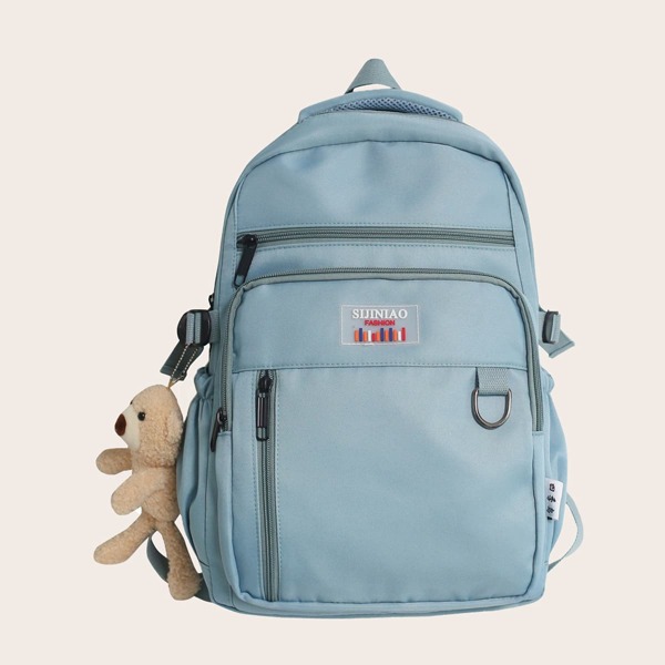

Patch Decor Backpack With Bag Charm, Dusty blue