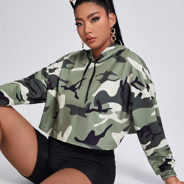 

Plus Camo Print Drop Shoulder Hoodie, Army green
