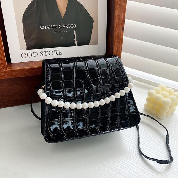 

Croc Decor Faux Pearls Decor Crossbody Bag, Black