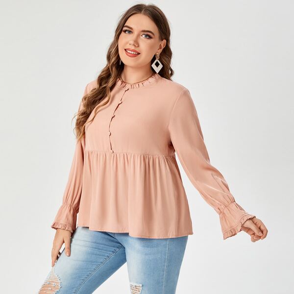 

Plus Half Button Flounce Sleeve Peplum Top, Pink