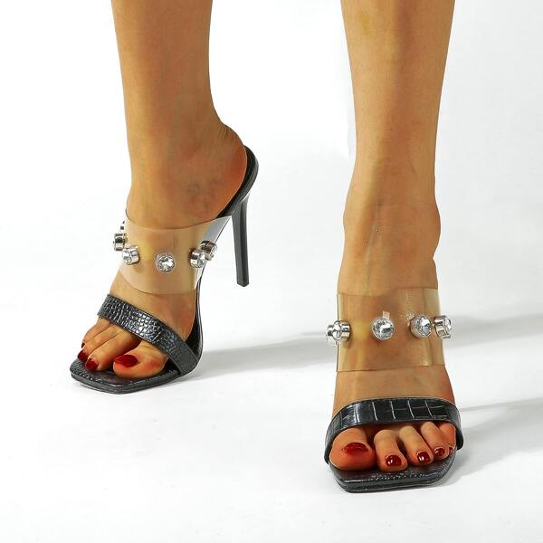

Clear Croc Embossed Stiletto Mules, Black