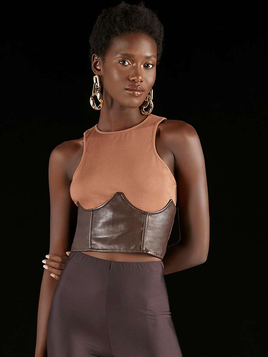 Penelope Ping Rib Knit Tank Top With Corset - Multicolor - View 1