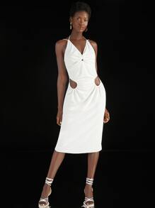 Penelope Ping Ruched Cutout Tie Back Split Hem Cami Dress - White - View 3