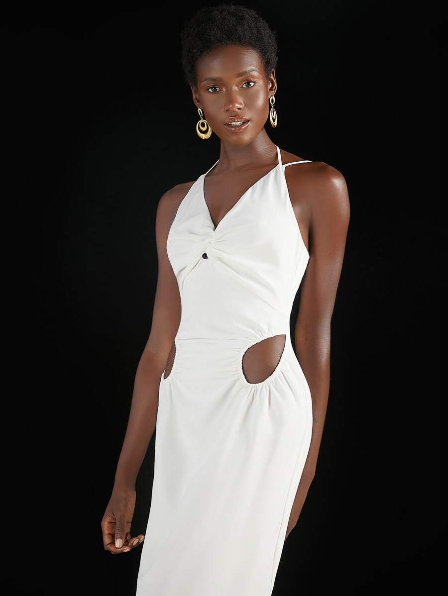 Penelope Ping Ruched Cutout Tie Back Split Hem Cami Dress - White - View 1