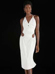 Penelope Ping Ruched Cutout Tie Back Split Hem Cami Dress - White - View 6