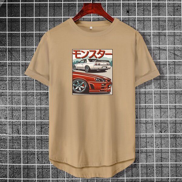 

Men Japanese Letter And Car Print Tee, Khaki