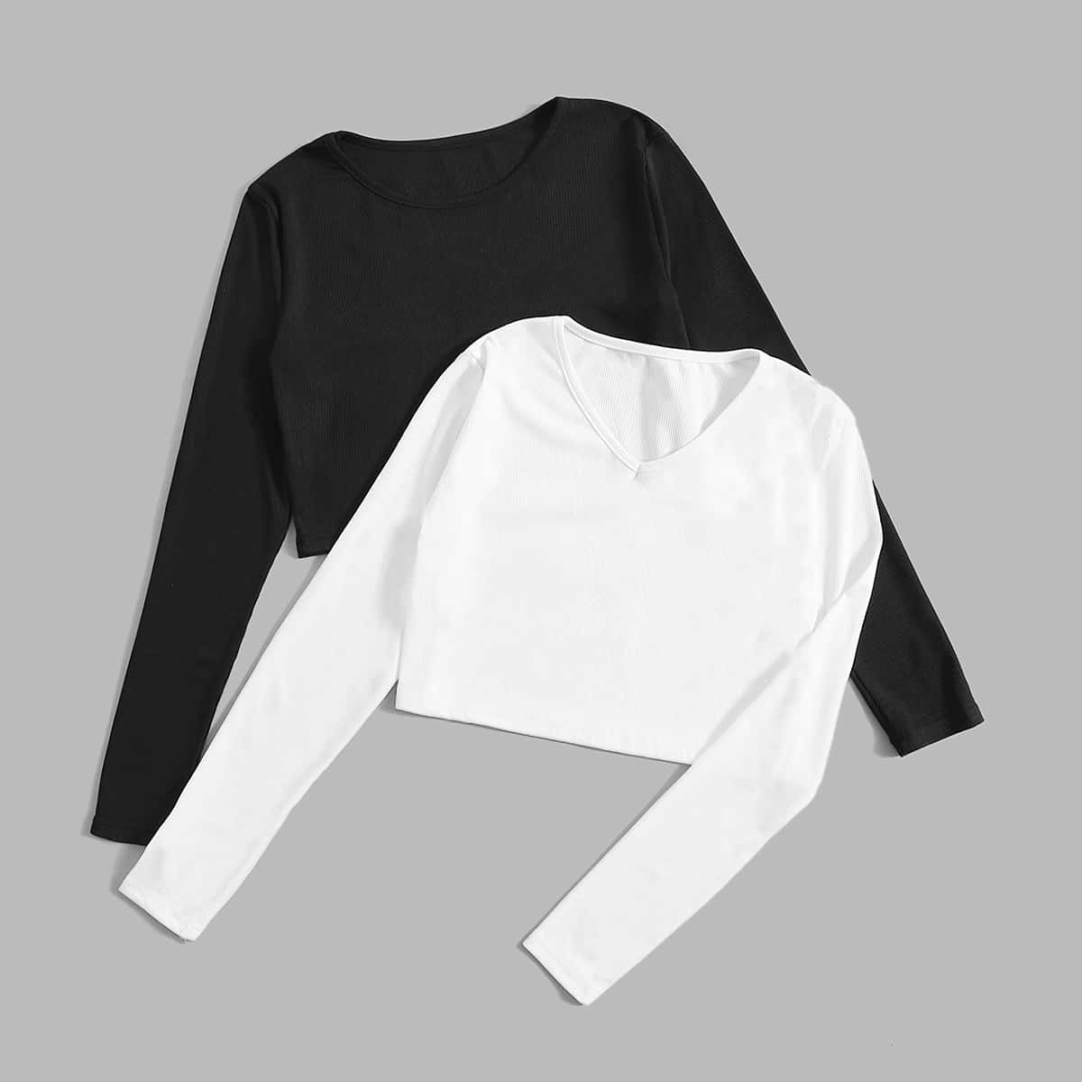 

2 Pack Solid V Neck Tee, Black and white