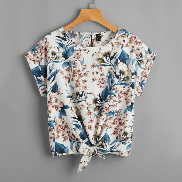 

Floral Print Tie Hem Dolman Sleeve Blouse, Multicolor
