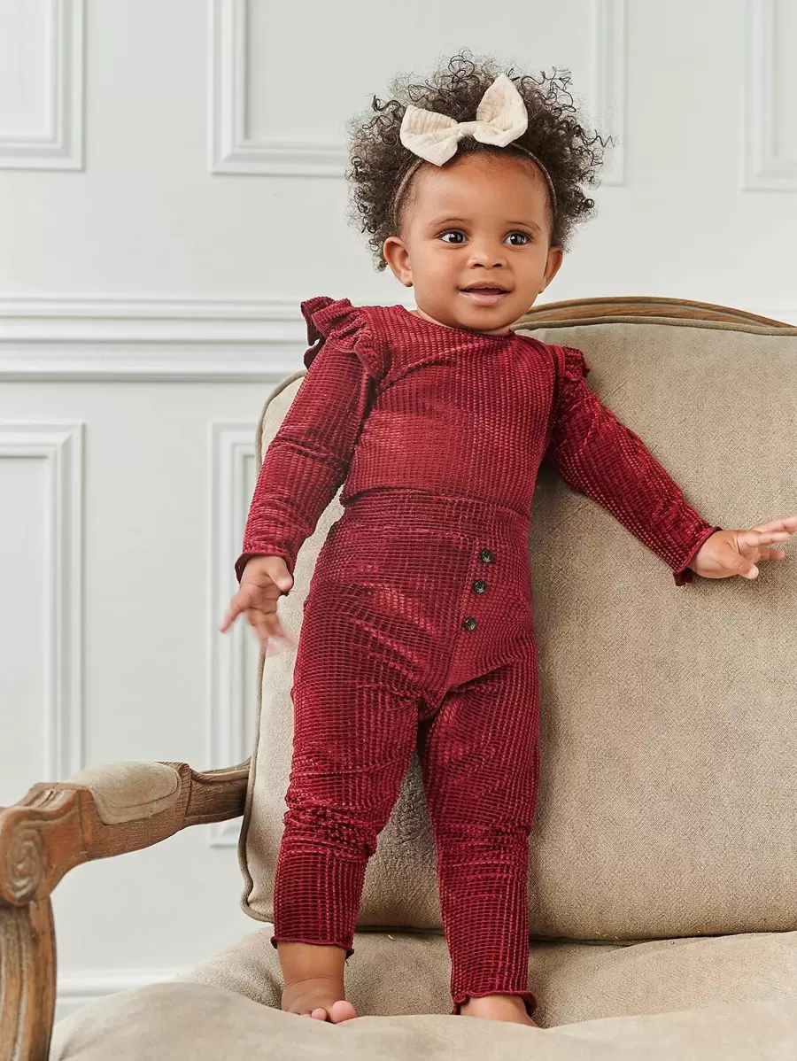 Baby Velvet Ruffle Lettuce Trim Top With Trousers - Burgundy - View 1