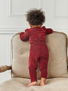 Baby Velvet Ruffle Lettuce Trim Top With Trousers - Burgundy - View 2