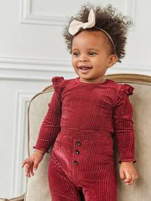 Baby Velvet Ruffle Lettuce Trim Top With Trousers - Burgundy - View 3
