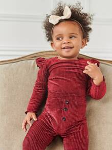 Baby Velvet Ruffle Lettuce Trim Top With Trousers - Burgundy - View 4