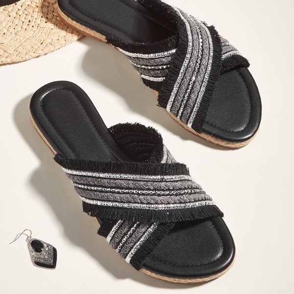 

Rhinestone & Fringe Decor Slide Sandals, Black