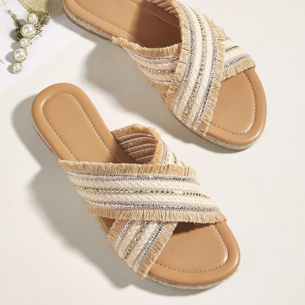 

Rhinestone & Fringe Decor Slide Sandals, Apricot