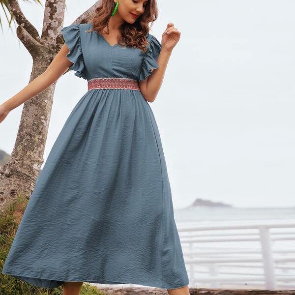

Geo Embroidered Flutter Sleeve A-line Dress, Dusty blue