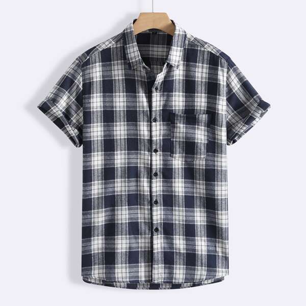 

Men Plaid Pocket Front Button Up Shirt, Black and white