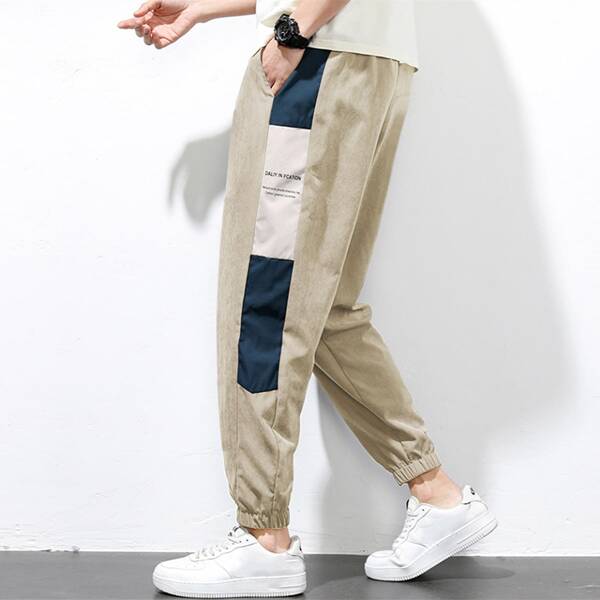 

Men Contrast Panel Side Pants, Apricot