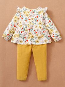 Toddler Girls Floral Print Ruffle Trim Bow Front Peplum Top & Trousers - Multicolor - View 2