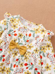 Toddler Girls Floral Print Ruffle Trim Bow Front Peplum Top & Trousers - Multicolor - View 3