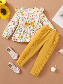 Toddler Girls Floral Print Ruffle Trim Bow Front Peplum Top & Trousers - Multicolor - View 4