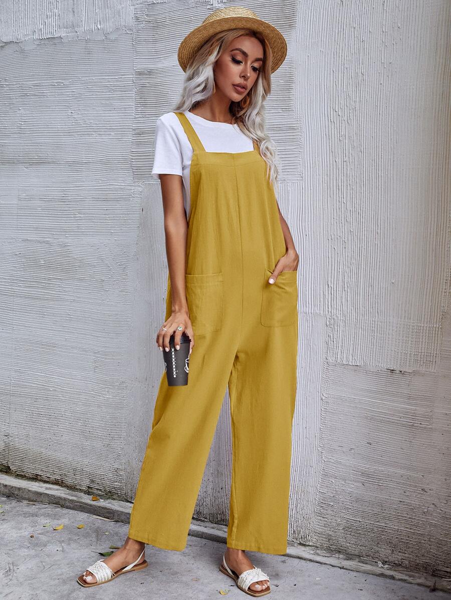 Dual Pocket Solid Overall Jumpsuit Without Tee - Mustard Yellow - View 1