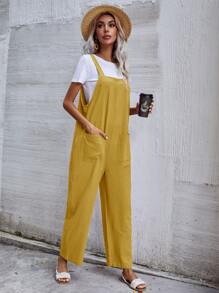 Dual Pocket Solid Overall Jumpsuit Without Tee - Mustard Yellow - View 3