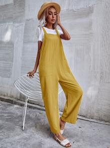 Dual Pocket Solid Overall Jumpsuit Without Tee - Mustard Yellow - View 5