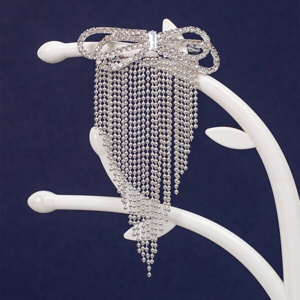 

Rhinestone Bow & Tassel Decor Brooch, Silver