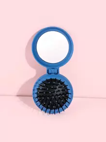 1 pieza Cepillo de pelo multifuncional con espejo plegable clásico redondo de plástico 2 en 1 para uso en seco y húmedo, apto para todo tipo de cabello, cepillo/peine de pelo, útiles escolares, accesorios de viaje y vacaciones, accesorios para el cabello para mujeres - Azul - Ver 1