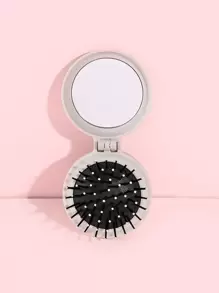 Grey Multifunctional Cushion Hair Brush 1pc Plastic Classic Round Portable Foldable Mirror Comb 2-In-1 For Wet And Dry Use For All Hair Types, Hair Brush/ Hair Comb,Back To School,Travel Holiday Essentials,Hair Accessories For Women - Grey - View 2