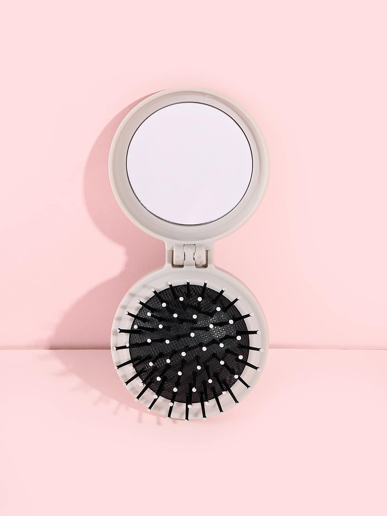 Grey Multifunctional Cushion Hair Brush 1pc Plastic Classic Round Portable Foldable Mirror Comb 2-In-1 For Wet And Dry Use For All Hair Types, Hair Brush/ Hair Comb,Back To School,Travel Holiday Essentials,Hair Accessories For Women