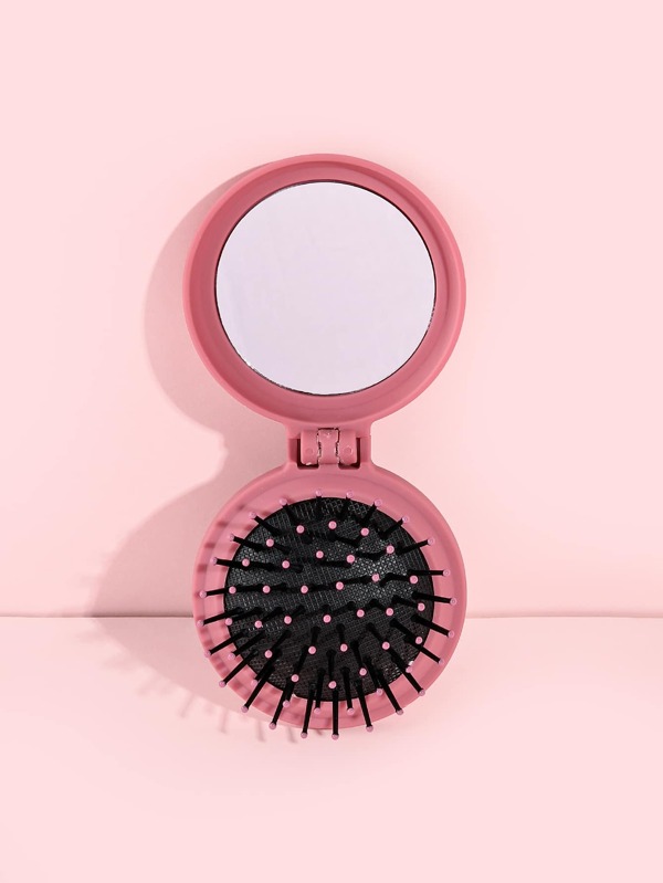 Pink Multifunctional Cushion Hair Brush 1pc Plastic Classic Round Portable Foldable Mirror Comb 2-In-1 For Wet And Dry Use For All Hair Types, Hair Brush/ Hair Comb, Hair Brush, Comb, Hair Tools, Hair Products And Accessories For Barber Salon Beauty Back To School, Travel Holiday Essentials, Hair Accessories For Women, Brush, Wooden Comb, Hair Brushes