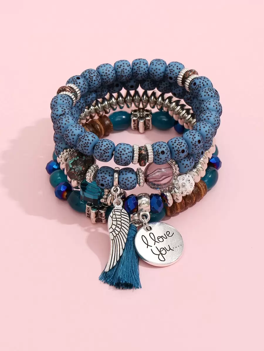 4pcs Stylish Blue Beaded Plastic Bracelet