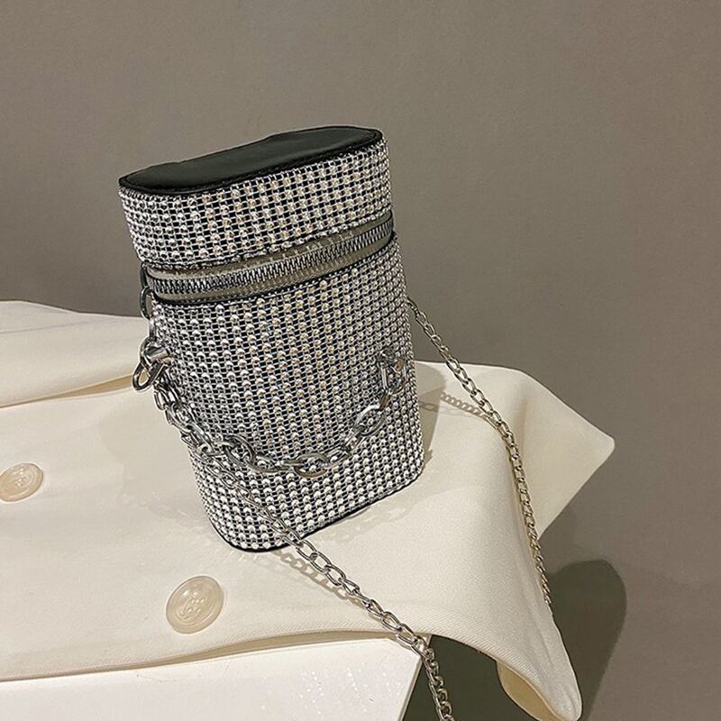 

Rhinestone Chain Strap Bucket Bag, Silver