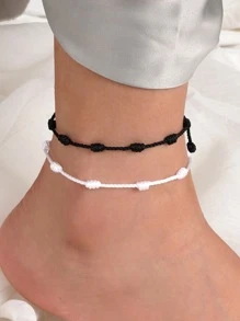 2pcs Simple String Anklet - Black and White - View 1
