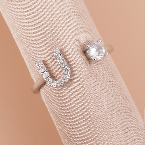 

Rhinestone Letter Decor Cuff Ring, Silver