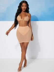 SHEIN SXY 後背繫帶短款網紗掛脖上衣和包臀半身裙 - 杏色 - 查看 3