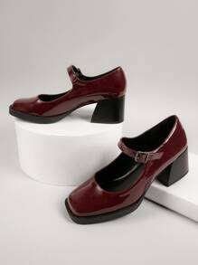 Faux Patent Leather Buckled Block Heel Mary Janes - Maroon - View 2