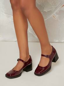 Faux Patent Leather Buckled Block Heel Mary Janes - Maroon - View 3