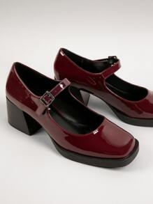 Faux Patent Leather Buckled Block Heel Mary Janes - Maroon - View 4