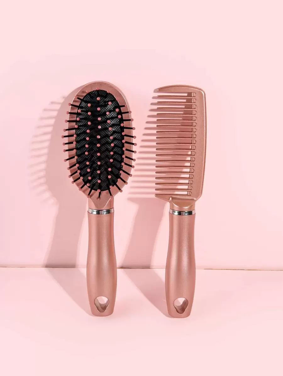 Pink Dry & Wet Use Styling Comb Set/Kit Cushion Hair Brush 2pcs Kit Plastic Cute Glitter Oval Handheld Easy Storage Detangling Comb At Home Or On-The-Go Gift, Hair Brush/ Hair Comb, Back To School, Travel Holiday Essentials, Hair Accessories For Women, Brushes, Hair Brush, Detangling Brush, Ball Brush, Mini Hair Brush Set, Wooden Comb, Hair Brush - Pink - View 1