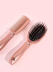 Pink Dry & Wet Use Styling Comb Set/Kit Cushion Hair Brush 2pcs Kit Plastic Cute Glitter Oval Handheld Easy Storage Detangling Comb At Home Or On-The-Go Gift, Hair Brush/ Hair Comb, Back To School, Travel Holiday Essentials, Hair Accessories For Women, Brushes, Hair Brush, Detangling Brush, Ball Brush, Mini Hair Brush Set, Wooden Comb, Hair Brush - Pink - View 3