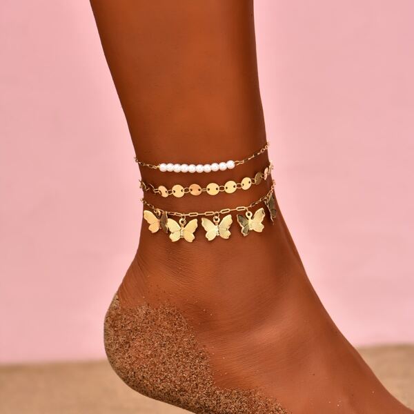 

3pcs Butterfly Detail Anklet, Gold