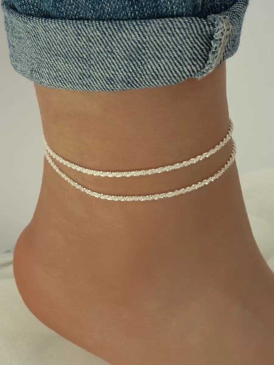 1pc Minimalist Glittery Silver Caterpillar Layered Chain Anklet, Suitable For Daily, Vacation, Party Wear