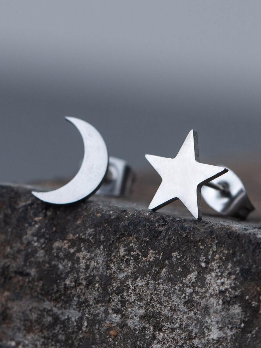Star & Moon Design Stud Earrings - Silver - View 1
