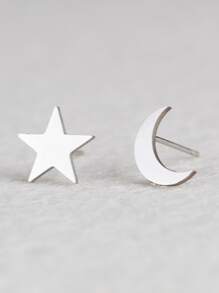 Star & Moon Design Stud Earrings - Silver - View 2